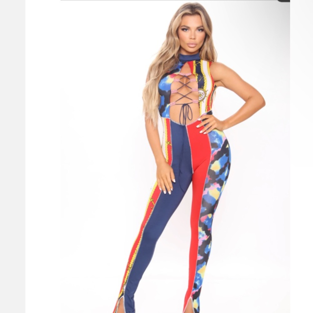 New Fashion Nova Laced Up Graphic Unique Design Cut Out Jumpsuit - Picture 2 of 6